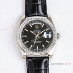Swiss V3 Rolex Day Date 36 118139 Black Dial Black Leather Strap Replica watch